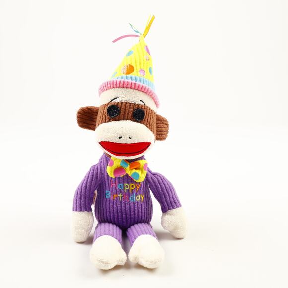 Ty Happy Birthday Sock Monkey Beanie Baby 10'' Plush Purple Polka Dot - Picture 1 of 8